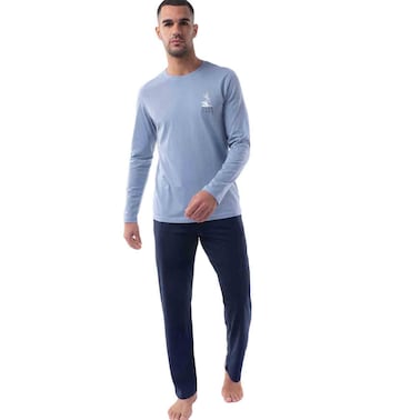 تكس مان طقم بيجاما رجالي مطبوع بأكمام طويلة ، لون أزرق سموكي، مقاس كبير