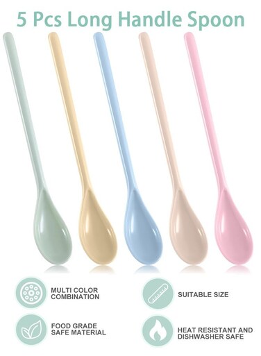 5 Pcs Long Handle Spoon - 7.2'' Colorful Coffee Stirring Reusable Cute Plastic Spoons Mixing Iced Tea for Ice Cream Sundae Latte Chocolate, Dishwasher Safe