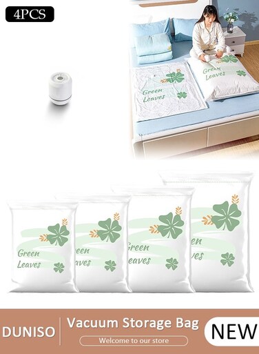Combo Vacuum Storage Bag with Electric Pump, 4 Pack(1Jumbo + 1 Large + 1Medium + 1 Small) of Reusable Compression Bags, Double Zip Seal Special-Grip Clip,Travel Vacuum Sealer Bags, Rapid Vacuum for Clothes, Mattress, Blanket, Pillows Compression and Travelling