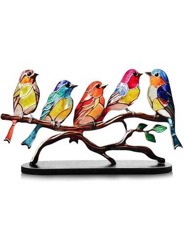 Stained Glass Birds on Branch Desktop Ornaments, Metal Vivid Craft Desktop Ornaments for Home Office Decor, Bird Series Metal Decorations, Gift for Housewarming Decor and Bird Lover (5 Birds)