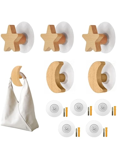 TERRIFI Wooden Hook for Wall, Coat Hooks, Natural Beech Wall Hangers Hooks for Hanging Coats, Hats Hooks, Bags Hooks Towels Hooks, Decorations Triangle Hook (6hook Rubber Wood Triangle) 5 Pack