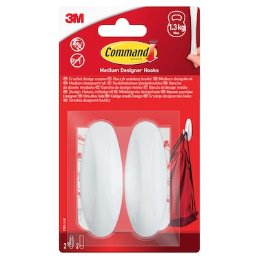 3M Command Medium Designer Hooks, White, Pack of 2