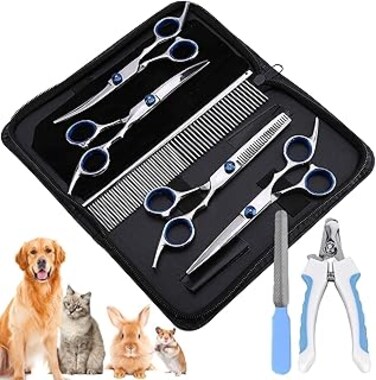 Pet Grooming Scissors, Durable Pet Grooming Shears with Safety Round Tips, 7 in 1 Dog Grooming Scissors Set with Cutting Scissors, Thinning Shear, Curved Scissors, Grooming Comb (BLUE)