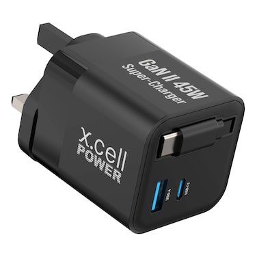 X.Cell GaN II 1 USB Type A and 1 USB Type C Port Charger, Black, 45W