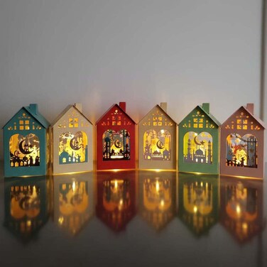 رمضان طقم ديكور فوانيس على شكل بيوت مضيئة مع زخارف إسلامية