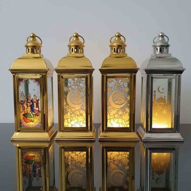 رمضان طقم فوانيس ديكورية باللونين الذهبي والفضي مع ألواح مضيئة