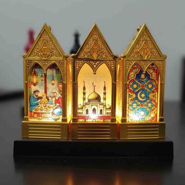 Golden Silver Ramadan Decorative Lantern Trio with Illuminated Panels