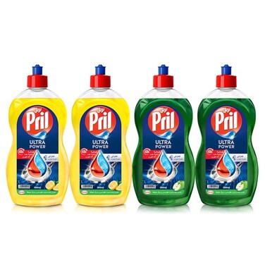 Pril Ultra Power Dishwashing Liquid Lemon, 500ml Pack of 2 + Pril Dishwashing Liquid, Apple, 500ml Pack of 2