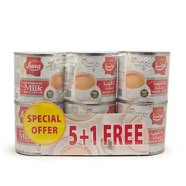 Luna Evaporated Full Cream Milk Easy Open Can, 170g Pack of 6