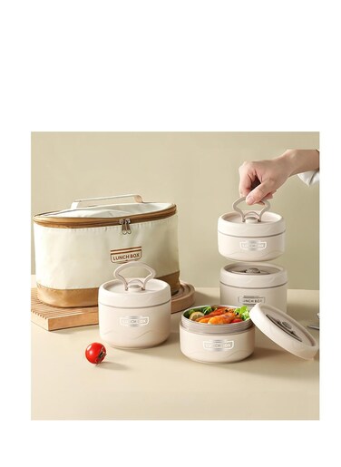 Stainless Steel Lunch Box Leakproof Bento Box Insulated Lunch Container with Tableware &amp; Insulation Bag for Kids Adults School and Office Hot Water and Microwave Heating (4pcs, Beige)