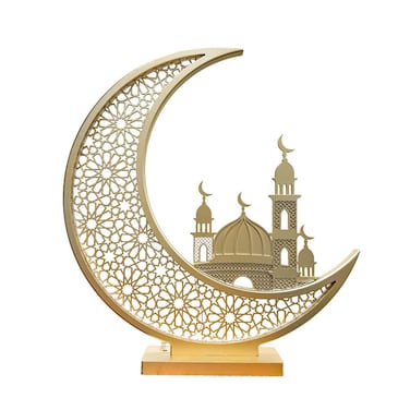 Ramadan Wooden Crescent Moon LED Table Decor with Mosque Silhouette