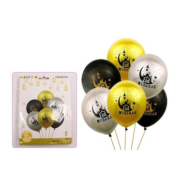 Eid Mubarak Printed Latex Balloon Set, 6 Pieces in Gold, Black and Silver