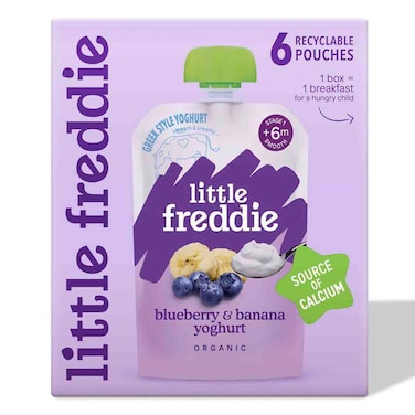 Little Freddie Organic Baby Food Pouch Multipack, Blueberry &amp; Banana Greek Style Yoghurt, +6m, 100g Pack of 6