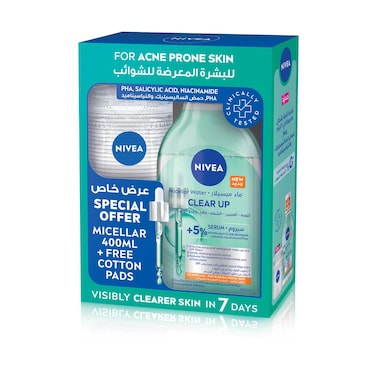NIVEA Clear Up Serum-Infused Micellar Water 400ml + Cotton 