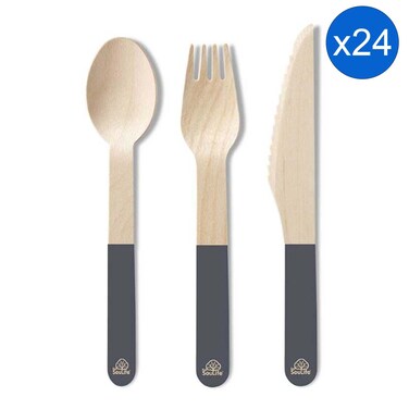 Eco Soulife Wooden Cutlery Set (Spoon, Fork &amp; Knife), Grey, 24 PCS