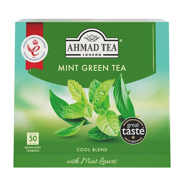 أحمد شاي لندن الأخضر بالنعناع، ​​مزيج بارد مع أوراق النعناع، ​​50 كيس شاي مغلف