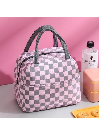 Small Insulated Waterproof Lunch Bag Thermal Reusable Lunch bag For Office Work School College Travel Picnic Small Cooler Tote Bag for Men Women Boys Girls Indoor Outdoor 23 20 14CM Checkered Pink