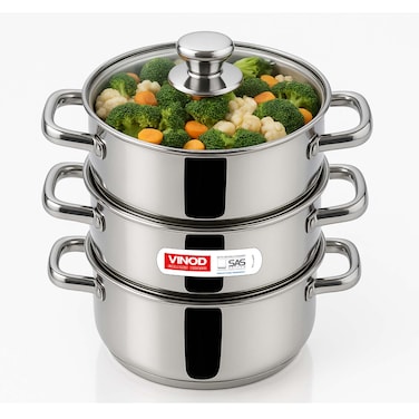 Vinod 3 Tier Steamer with Glass Lid, 28cm