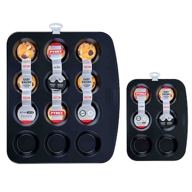 Pyrex Glide Carbon Steel Bakeware Set, Muffin Trays with 12 Cup &amp; 6 Cup, Non-stick, Black, 2 PCS