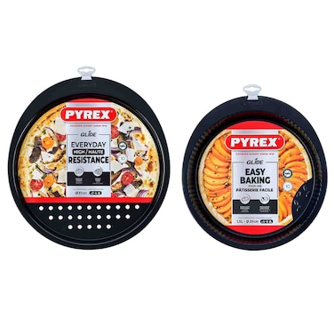 بايركس غلايد طقم أواني خبز  من الفولاذ الكربوني، صينية بيتزا 31 سم وطبق فلان 1.5 لتر، غير لاصق، قطعتان ، أسود