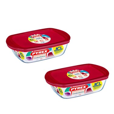 Pyrex Cook &amp; Store Borosilicate Glass Bakeware Set, Rectangular Storage Dishes with Lids 1.2L &amp; 2.5L, Red, Transparent, 2 PCS