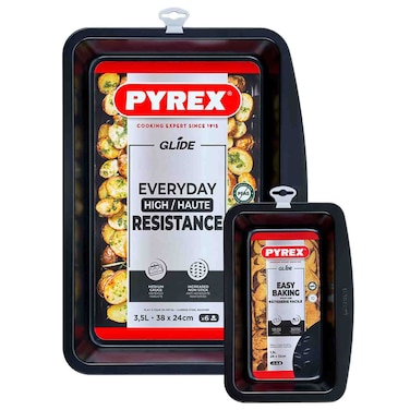 Pyrex Glide Carbon Steel Bakeware Set, Roaster 3.5L &amp; Loaf Pan 1.5L, Non-stick, Black, 2 PCS