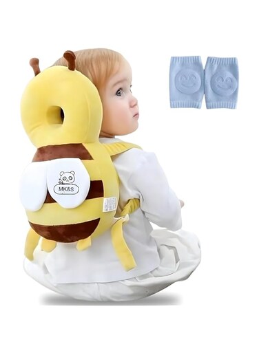 MK&amp;S Baby Toddler Headrest Pillow - Breathable Little Bee Anti-Fall Head Protection Pad for Learning to Walk With 2 Pcs Baby Knee Pads, وسادة مسند رأس للأطفال الصغار