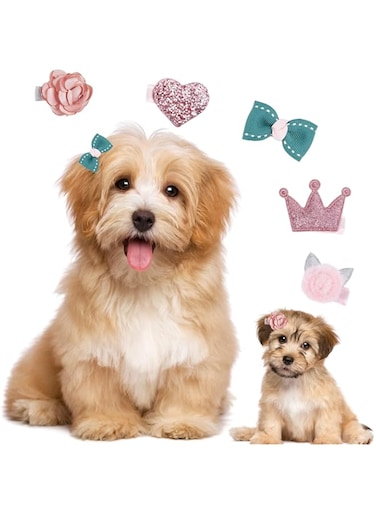 DOOKOO 5 Pcs Dog Hair Clips, Pet Hair Bows Barrettes Crown Hair Pins, Handmade Cute Patterns Dog Grooming Hair Accessories for Pet Cat Dog