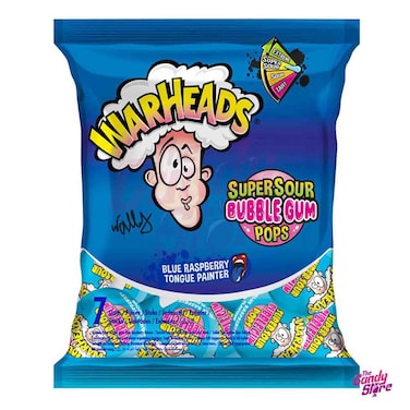 Warheads Super Sour Bubble Gum Pops with Blue Raspberry Tongue Painter, 15g, Pack of 7