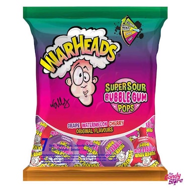 Warheads Super Sour Bubble Gum Pops with Grape Watermelon Cherry Original Flavours, 15g, Pack of 7