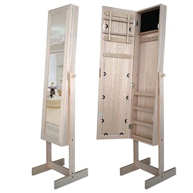 ماني خزانة مجوهرات قائمة بذاتها مع مرآة - بلوط طبيعي