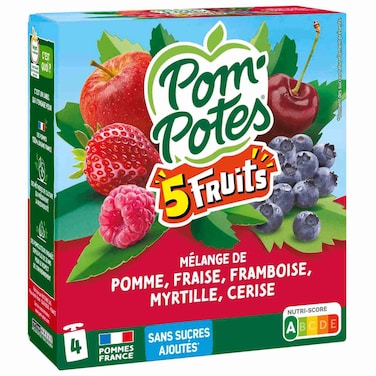 Pom&rsquo;Potes Five Red Fruits Puree No Added Sugar, 90g, Pack of 4