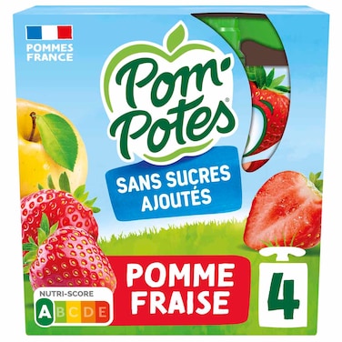 Pom&rsquo;Potes Apple Strawberry Fruit Puree No Added Sugar, 90g, Pack of 4