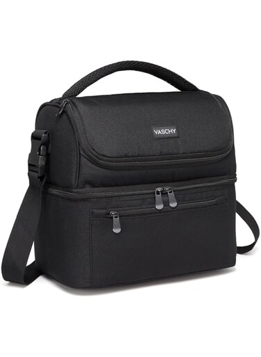 VASCHY Lunch Bag, Insulated Lunch Box Leak-proof Cooler Bag in Dual Compartment Lunch Tote for Men, Women, 14 Cans (Black)