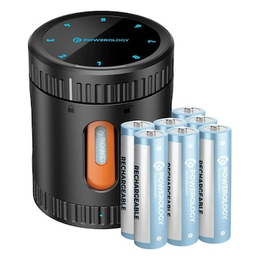 Powerology علبة شحن ذكية Neon للبطاريات مع 8 بطاريات AA قابلة لإعادة الشحن، شحن سريع USB-C، شاشة LED، شاحن 8 فتحات لبطاريات AA/AAA، قدرة 3600mWh، حماية أمان ومساحة تخزين مدمجة