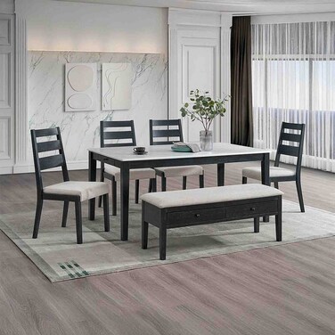 توفيا طقم سفرة  من الخشب الصلب مكون من 1+4+مقعد مع مساحة تخزين - أبيض عتيق/أسود/رمادي