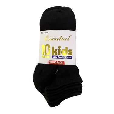Essential Kids Low Ankle Socks 3-6 Years, Black, 10 Pairs