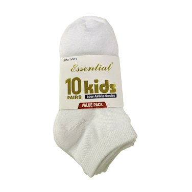 Essential Kids Low Ankle Socks 7-10 Years, White, 10 Pairs