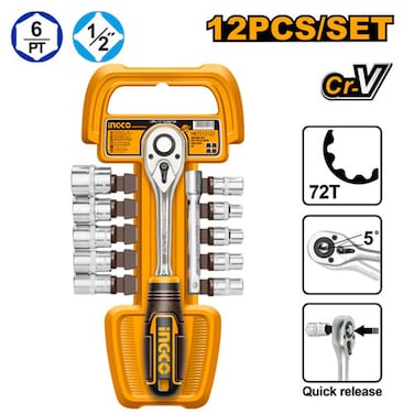 Ingco 1/2-Inch Industrial Socket Set Heavy-Duty Mechanical Performance, 12 PCS