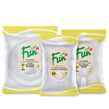 فان طقم بلاستيكي 25 طبقًا، 50 ملعقة، و50 كوبًا