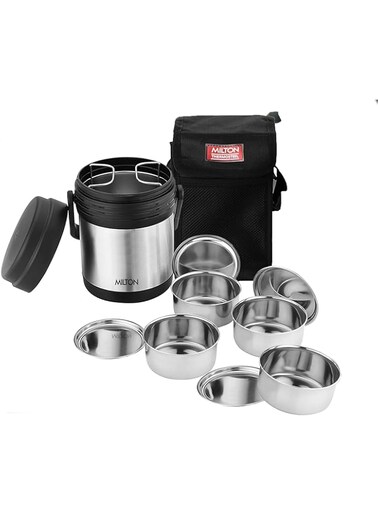 Milton Thermosteel Hot Meal Container Lunch Box, Set of 4,Black/Stainless Steel, Standard