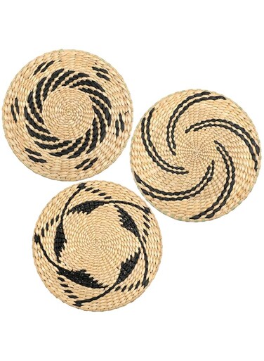 Boho Wall Basket Decor Set of 3 Decorative Bulrush Woven Basket Wall Decor Set Rustic Hanging Handmade Round Woven Wall Decor with African Design for Living Room Bedroom Farmhouse Gift Idea (Vintage)