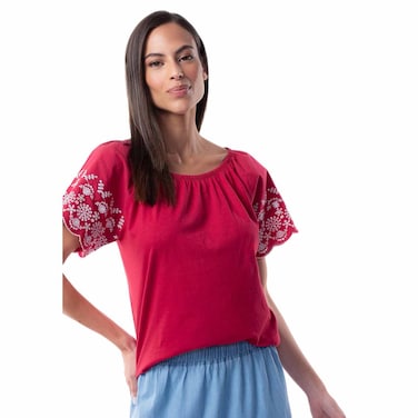 TEX Women Embroidered Sleeve T-Shirt, I282706, Raspberry , S