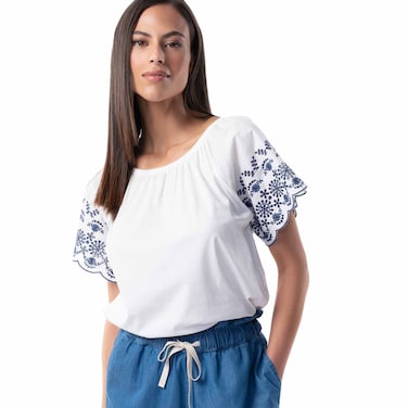 TEX Women Embroidered Sleeve T-Shirt, I282706, Ecru, S