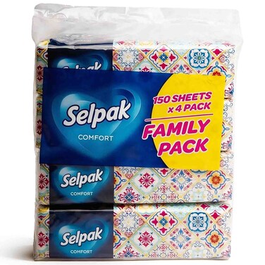 Selpak Comfort Facial Tissues Family Pack, 150 Sheets, Pack of 4