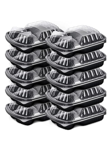 Alsaqer [10 Pack] 3 Section Black Base with Lids Food Storage Container  Disposable Food Container   Meal Preparation Containers   Lunch Boxes Microwave   Freezer Safe (3 Compartment)