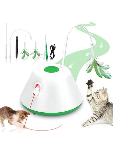 Cat Toys, Interactive Cat Toys for Indoor Cats with LED Light, 3 Feathers, 360&deg; Rotating Moving Kitten Toys 3 Modes Adjustable Speed Automatic Playing Toy for Exercise (Cat toy-white+green)