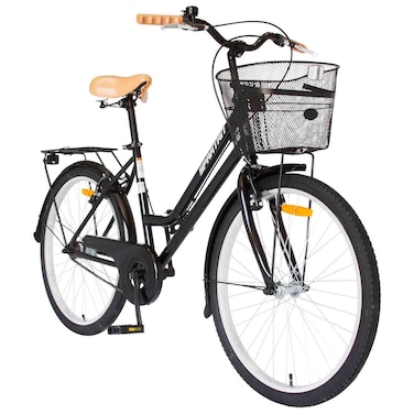 سبارتان سيتي دراجة هوائية بإطار منخفض مع سلة أمامية وحامل خلفي، أسود