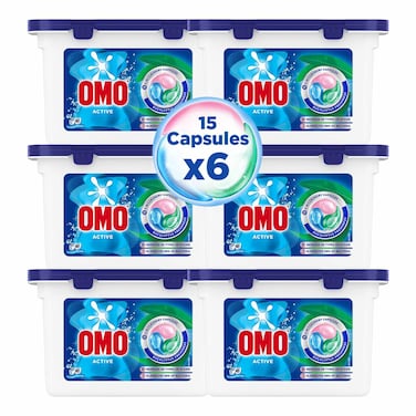 أومو أكتيف 3 في 1 كبسولات غسيل، انتعاش الأوكالبتوس، 15 كبسولة، حزمة من 6