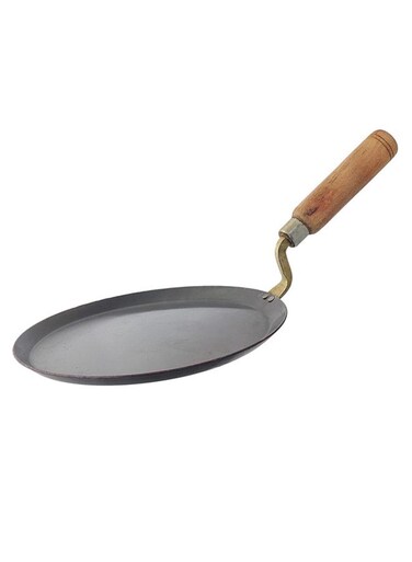 Iron Flat Bottom Roti Tawa With Wooden Handle Black 11inch